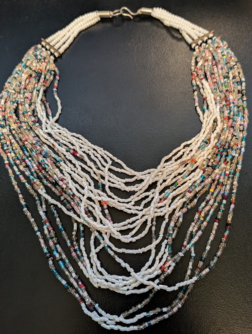 Vintage Iridescent White & Rainbow Multi-Strand Cascading Seed Bead Bib Necklace